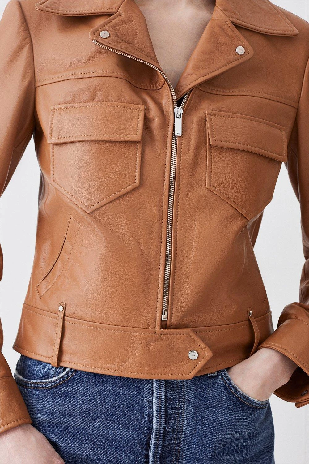 Karen Millen Leather Pocket Detail Belted Biker Jacket 3 Karen Millen Leather Pocket Detail Belted Biker Jacket