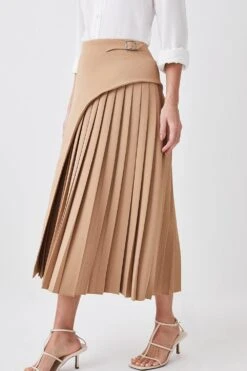 Karen Millen Petite Buckle Detail Pleated Midi Skirt