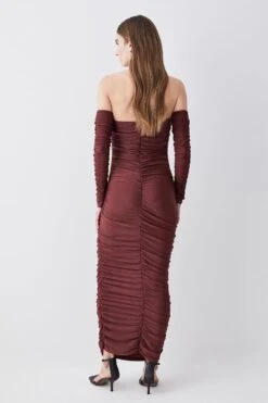 Karen Millen Tall Gathered Slinky Bardot Maxi Dress -Karen Millen Shop chocolate tall gathered slinky bardot maxi dress 1