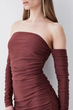 Karen Millen Tall Gathered Slinky Bardot Maxi Dress -Karen Millen Shop chocolate tall gathered slinky bardot maxi dress 2