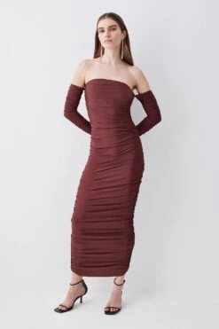 Karen Millen Tall Gathered Slinky Bardot Maxi Dress -Karen Millen Shop chocolate tall gathered slinky bardot maxi dress 3