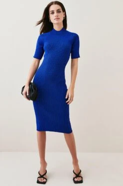 Karen Millen Petite Twist Back Reverse Knit Mini Dress -Karen Millen Shop cobalt petite twist back reverse knit mini dress 1 2