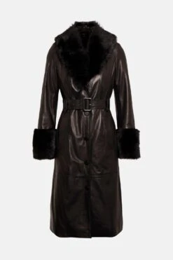 Karen Millen Shearling Cuff & Collar Leather Coat -Karen Millen Shop cobalt shearling cuff collar leather coat 2