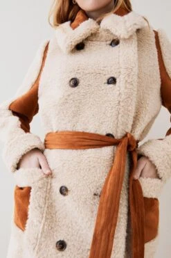 Karen Millen Petite Longline Db Faux Shearling Belted Coat