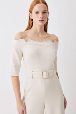 Karen Millen Petite Structured Crepe Off Shoulder Wide Leg Jumpsuit -Karen Millen Shop cream petite structured crepe off shoulder wide leg jumpsuit 1 1