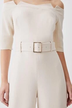 Karen Millen Petite Structured Crepe Off Shoulder Wide Leg Jumpsuit -Karen Millen Shop cream petite structured crepe off shoulder wide leg jumpsuit 1 2