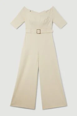 Karen Millen Petite Structured Crepe Off Shoulder Wide Leg Jumpsuit -Karen Millen Shop cream petite structured crepe off shoulder wide leg jumpsuit 1 3