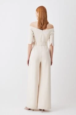 Karen Millen Petite Structured Crepe Off Shoulder Wide Leg Jumpsuit -Karen Millen Shop cream petite structured crepe off shoulder wide leg jumpsuit 1 4