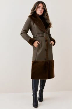 Karen Millen Lydia Millen Shearling And Leather Shawl Collar Belted Coat