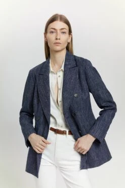 Karen Millen Tailored Denim Look Double Breasted Jacket -Karen Millen Shop denim blue tailored denim look double breasted jacket 1 2