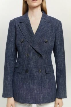 Karen Millen Tailored Denim Look Double Breasted Jacket -Karen Millen Shop denim blue tailored denim look double breasted jacket 1 3