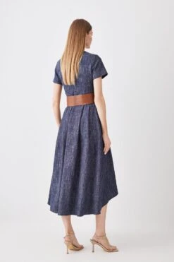 Karen Millen Tailored Denim Look Full Skirted Midi Dress -Karen Millen Shop denim blue tailored denim look full skirted midi dress 1