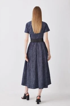 Karen Millen Tailored Denim Look Full Skirted Midi Dress -Karen Millen Shop denim blue tailored denim look full skirted midi dress 3
