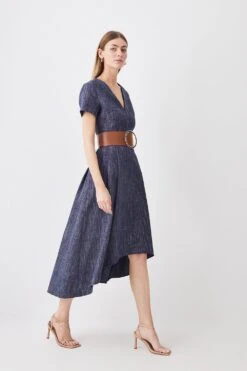 Karen Millen Tailored Denim Look Full Skirted Midi Dress -Karen Millen Shop denim blue tailored denim look full skirted midi dress 4