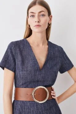 Karen Millen Tailored Denim Look Full Skirted Midi Dress -Karen Millen Shop denim blue tailored denim look full skirted midi dress 5