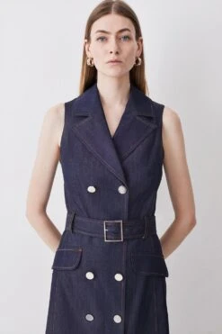 Karen Millen Tall Tailored Denim Belted Trench Midi Dress -Karen Millen Shop denim blue tall tailored denim belted trench midi dress 3