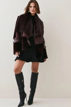 Karen Millen Shearling & Leather Tab Side Biker Jacket -Karen Millen Shop fig shearling leather tab side biker jacket 2