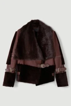 Karen Millen Shearling & Leather Tab Side Biker Jacket -Karen Millen Shop fig shearling leather tab side biker jacket 3