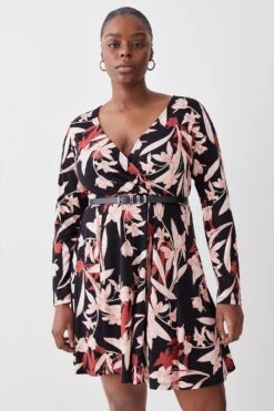 Karen Millen Plus Size Belted Viscose Blend Long Sleeve Jersey Mini Dress -Karen Millen Shop floral plus size belted viscose blend long sleeve jersey mini dress 1