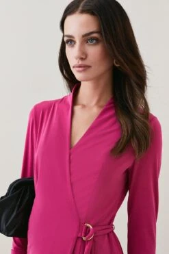 Karen Millen Petite Slinky Buckle Detail Wrap Jersey Top -Karen Millen Shop fuchsia petite slinky buckle detail wrap jersey top 2