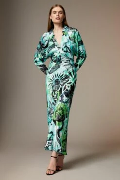 Karen Millen Petite British Museum Star Mapped Batwing Dress -Karen Millen Shop green petite british museum star mapped batwing dress 1 2