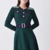 Karen Millen Petite Cut And Sew Tweed Panel Long Sleeve Skater Dress -Karen Millen Shop green petite cut and sew tweed panel long sleeve skater dress