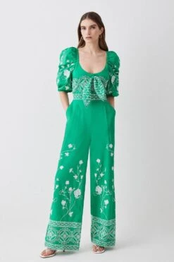 Karen Millen Petite Floral & Geo Embroidered Woven Jumpsuit -Karen Millen Shop green petite floral geo embroidered woven jumpsuit 3