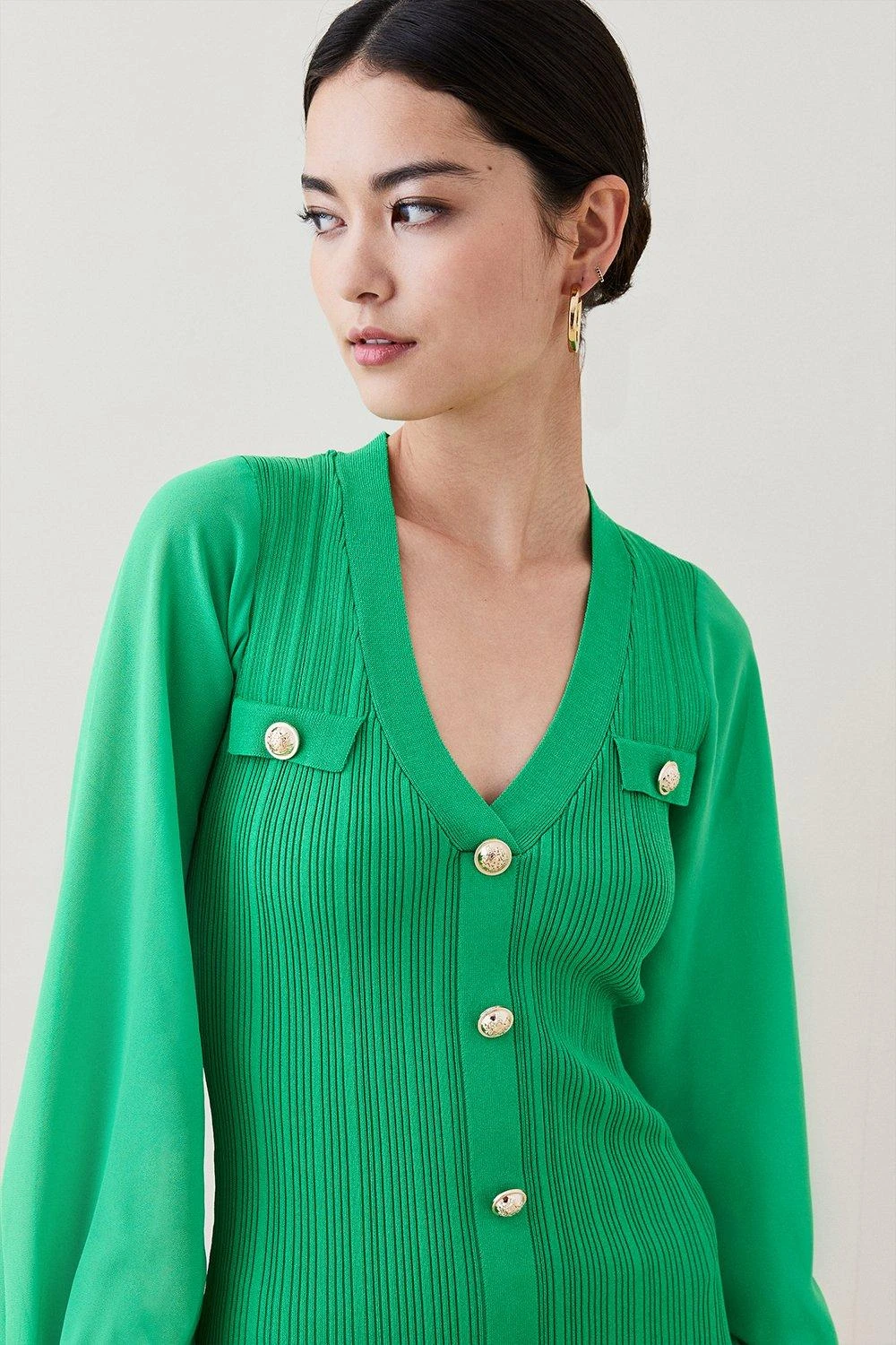 Karen Millen Petite Military Knit Georgette Sleeve Midi Dress 5 Karen Millen Petite Military Knit Georgette Sleeve Midi Dress - Image 3