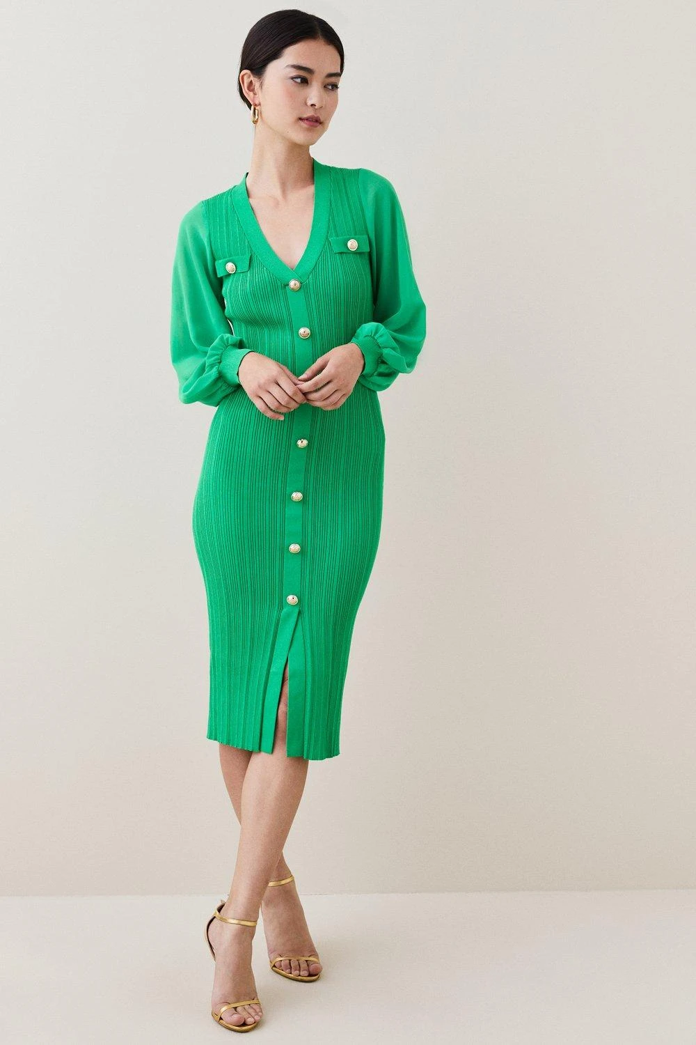 Karen Millen Petite Military Knit Georgette Sleeve Midi Dress 6 Karen Millen Petite Military Knit Georgette Sleeve Midi Dress - Image 4