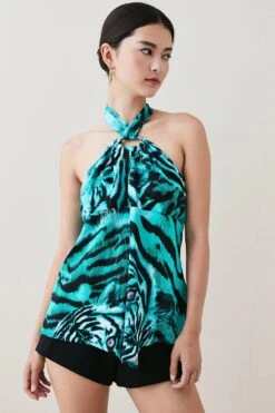 Karen Millen Petite Tiger Viscose Satin Tunic Top 7 Karen Millen Petite Tiger Viscose Satin Tunic Top -Karen Millen Shop green petite tiger viscose satin tunic top 1