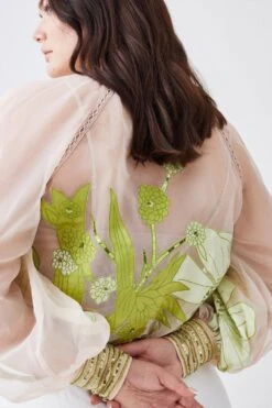 Karen Millen Plus Organdie Applique Buttoned Woven Blouse