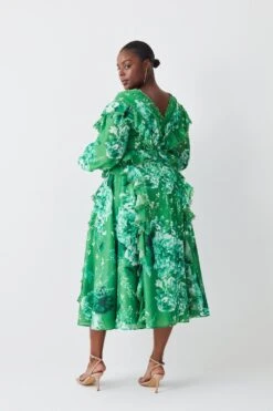 Karen Millen Plus Size Graphic Lace Trim Floral Woven Plunge Maxi Dress