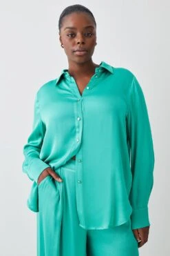 Karen Millen Plus Size Viscose Satin Boyfriend Shirt -Karen Millen Shop green plus size viscose satin boyfriend shirt 2