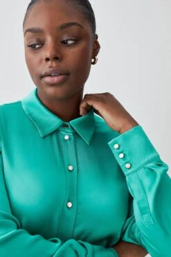 Karen Millen Plus Size Viscose Satin Boyfriend Shirt -Karen Millen Shop green plus size viscose satin boyfriend shirt 3