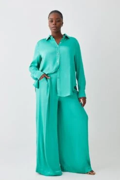 Karen Millen Plus Size Viscose Satin Boyfriend Shirt -Karen Millen Shop green plus size viscose satin boyfriend shirt 4