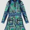 Karen Millen Tall Floral Abstract Jacquard Knit Zip Neck Mini Dress -Karen Millen Shop green tall floral abstract jacquard knit zip neck mini dress