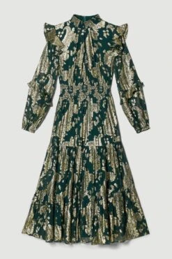 Karen Millen Tall Paisley Metallic Shirred Maxi Dress -Karen Millen Shop green tall paisley metallic shirred maxi dress 1