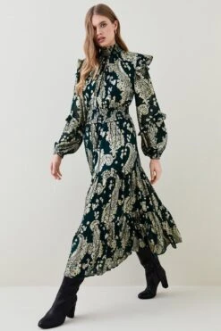 Karen Millen Tall Paisley Metallic Shirred Maxi Dress -Karen Millen Shop green tall paisley metallic shirred maxi dress 2