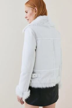 Karen Millen Leather & Shearling Aviator Coat