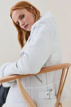 Karen Millen Leather & Shearling Aviator Coat -Karen Millen Shop ivory leather shearling aviator coat 1 2