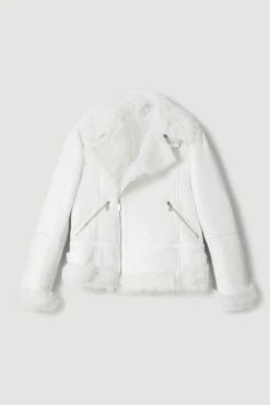 Karen Millen Leather & Shearling Aviator Coat -Karen Millen Shop ivory leather shearling aviator coat 1 4