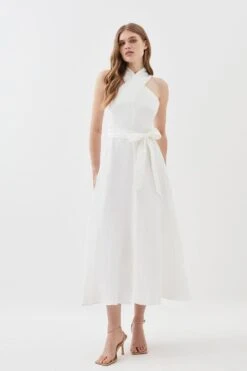 Karen Millen Lydia Millen Tall Linen Notch Belted Full Skirt Midi Dress -Karen Millen Shop ivory lydia millen tall linen notch belted full skirt midi dress 3