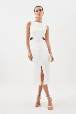 Karen Millen Petite Linen Buckle Detail Split Front Midi Dress -Karen Millen Shop ivory petite linen buckle detail split front midi dress 1