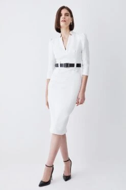 Karen Millen Petite Structured Crepe Belted Forever Midi Dress -Karen Millen Shop ivory petite structured crepe belted forever midi dress 1