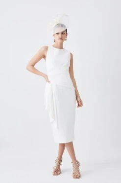 Karen Millen Petite Structured Crepe Drape Side Midaxi Dress -Karen Millen Shop ivory petite structured crepe drape side midaxi dress 1 2