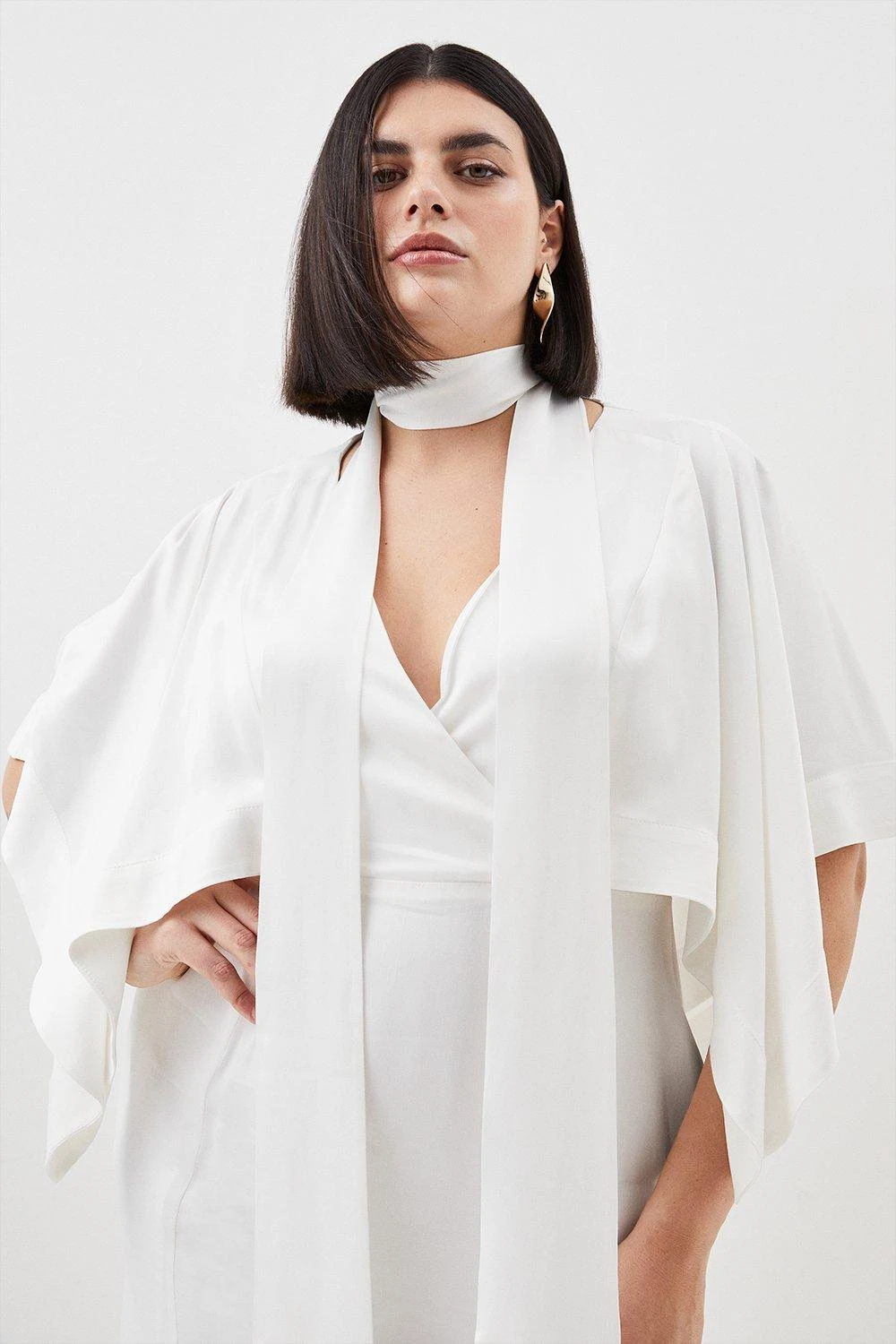 Front Page 27 Front Page -Karen Millen Shop ivory plus size satin crepe tie neck woven maxi dress 4