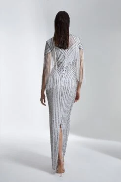 Karen Millen Tall Fringe And Beaded Cap Sleeve Maxi Dress -Karen Millen Shop ivory tall fringe and beaded cap sleeve maxi dress 1