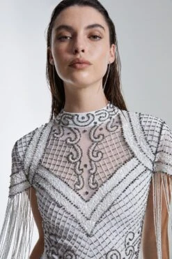 Karen Millen Tall Fringe And Beaded Cap Sleeve Maxi Dress -Karen Millen Shop ivory tall fringe and beaded cap sleeve maxi dress 2