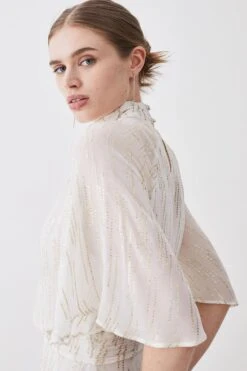 Karen Millen Tall Metallic Thread Angel Sleeve Woven Midi Dress -Karen Millen Shop ivory tall metallic thread angel sleeve woven midi dress 2