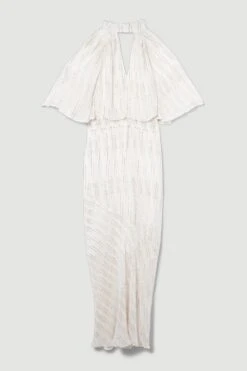 Karen Millen Tall Metallic Thread Angel Sleeve Woven Midi Dress -Karen Millen Shop ivory tall metallic thread angel sleeve woven midi dress 4